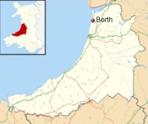 Map showing Borth, along the coast of Wales, where ancient antlers were found.
