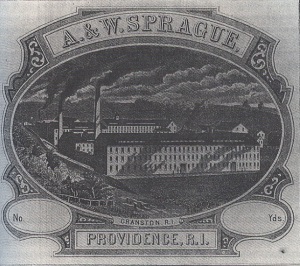 Logo of A & W Sprague Co., showing Cranston, RI, textile plant.